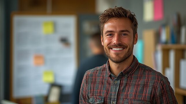 professional man smiling in workplace meeting with team excited for job growth corporate discussions and business strategy review at company