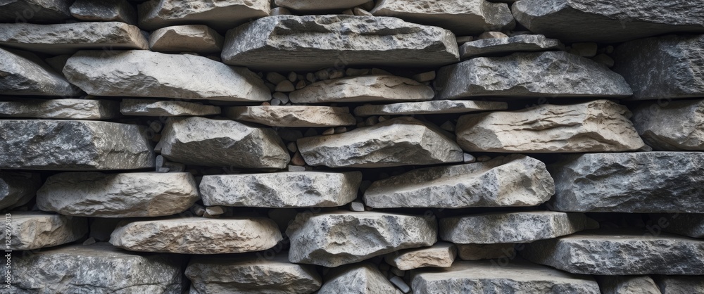 Poster textured stone wall made of various sizes of rough natural stones stacked in a uniform pattern creat