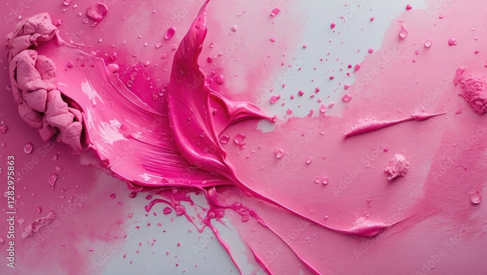 Aufkleber bright pink paint and clay texture spread on a light background with water droplets creating an abst