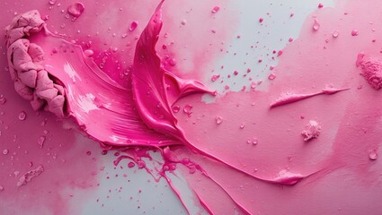Obraz premium Bright pink paint and clay texture spread on a light background with water droplets creating an abstract colorful composition