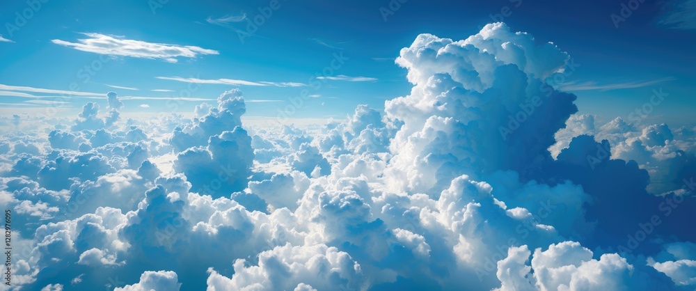 Poster dense fluffy white clouds against a clear blue sky with wispy clouds in the background creating a se
