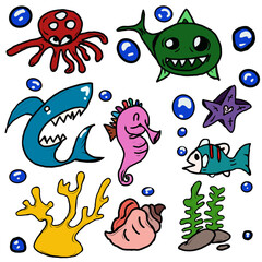  A colorful and  Sea Animals Characters creature set transparent background