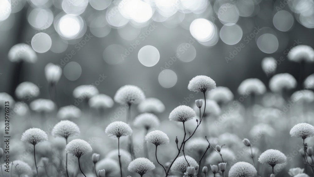 Poster black and white image of soft fluffy flowers in a field with bokeh background and natural light effe