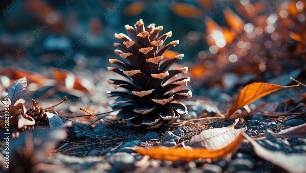 Aufkleber close-up of a pine cone surrounded by autumn leaves on a forest floor with soft focus background and