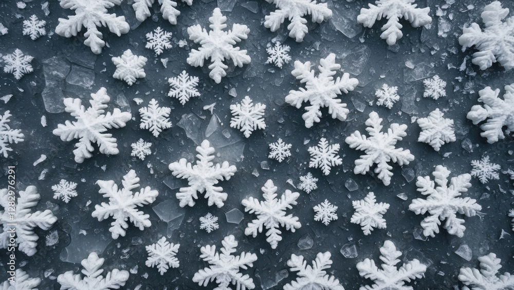 Poster snowflakes overlaying a dark surface in various sizes and shapes creating a winter-themed background
