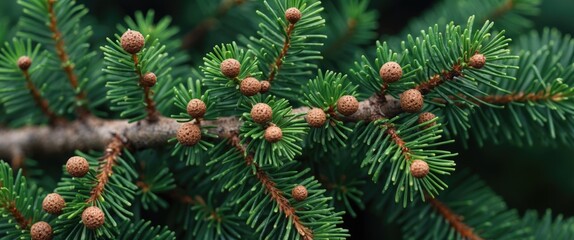 Close-up view of a fir tree branch with green needles and round brown cones on a blurred dark background