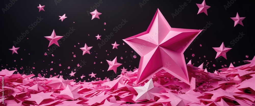 Poster pink paper stars and confetti scattered on a dark background creating a festive and playful atmosphe
