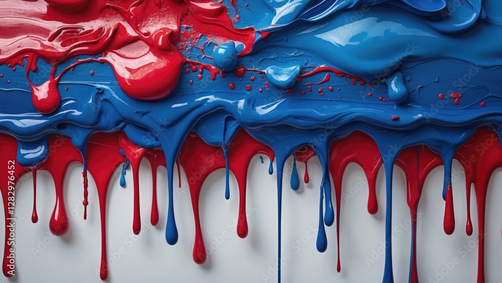 Poster blue and red paint drips and splashes on a white background creating a vibrant abstract texture
