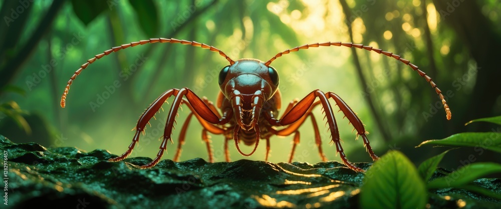 Poster close-up of a realistic red ant in a lush green jungle environment with soft sunlight filtering thro