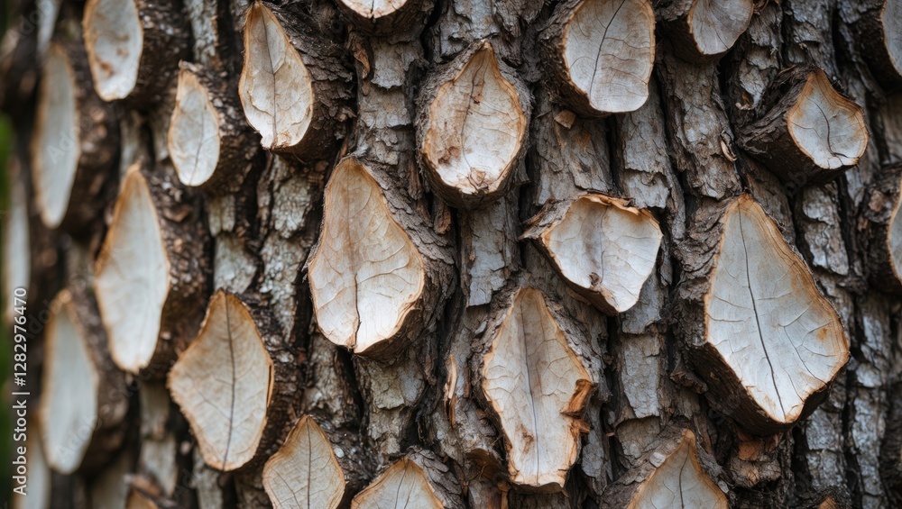 Poster tree bark with distinct leaf-shaped patterns revealing underlying texture in natural outdoor setting