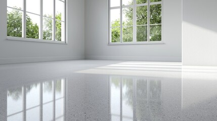 Bright room, shiny floor, large windows, trees outside, home interior design