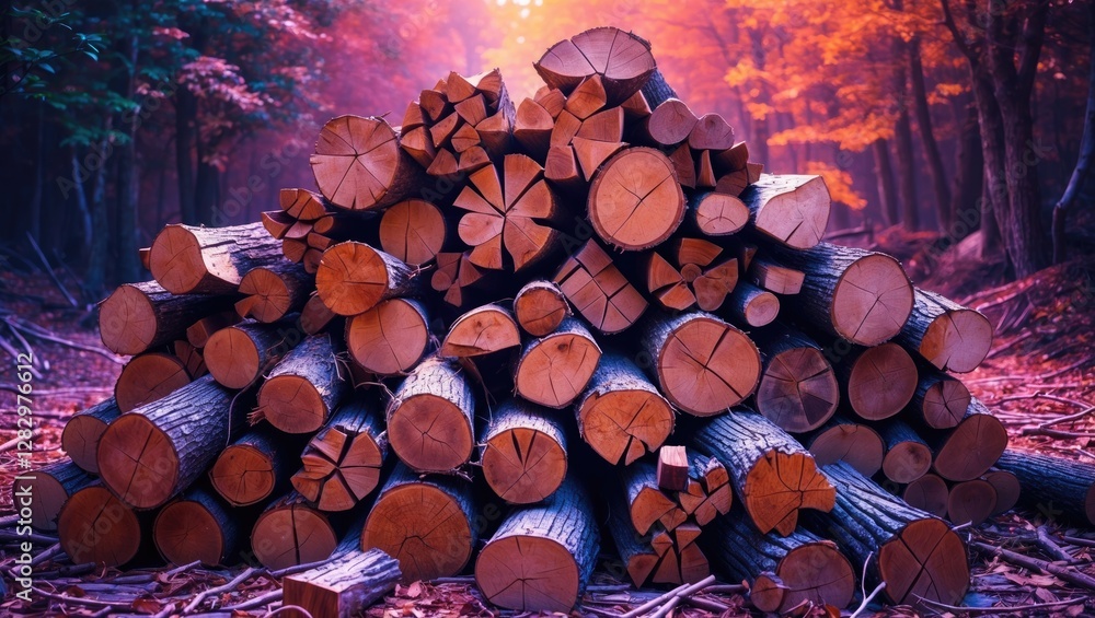 Poster stacked logs in a forest during autumn with colorful leaves and soft light creating a warm atmospher