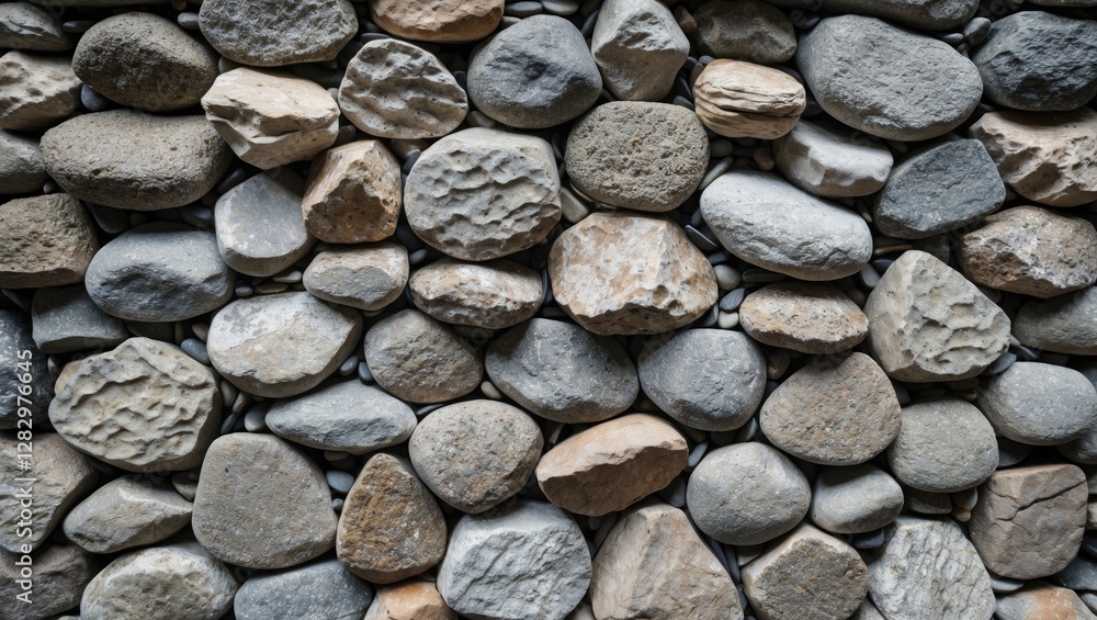Poster natural river stones in various shapes and sizes arranged tightly together on a textured surface for