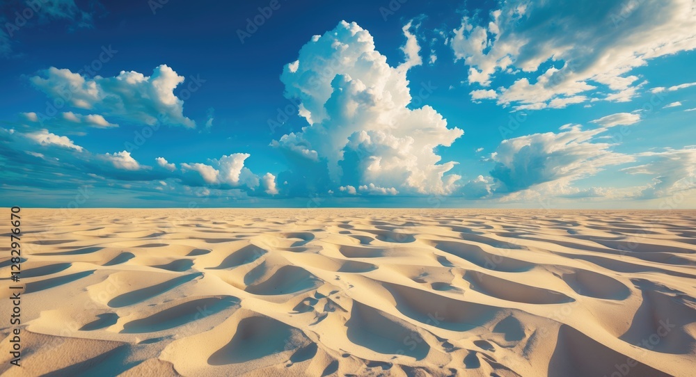 Poster sand dunes under a blue sky with fluffy clouds and intricate patterns formed by wind in a desert lan