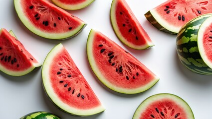 Fresh watermelon slices arranged on a white background with whole watermelon in the corner, showcasing vibrant red flesh and seeds.