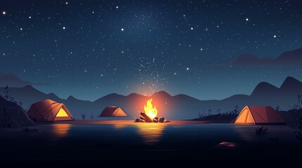 Campfire under stars with tents by the lake.