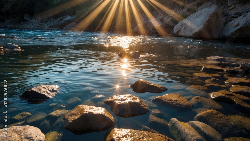 Poster sunlight rays reflecting on a river surface with visible rocks at the bottom in a serene natural set