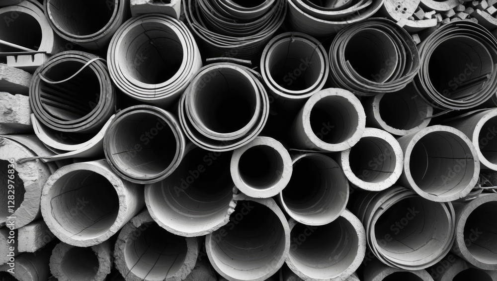 Aufkleber abstract view of rolled construction materials in monochrome showcasing different sizes and textures