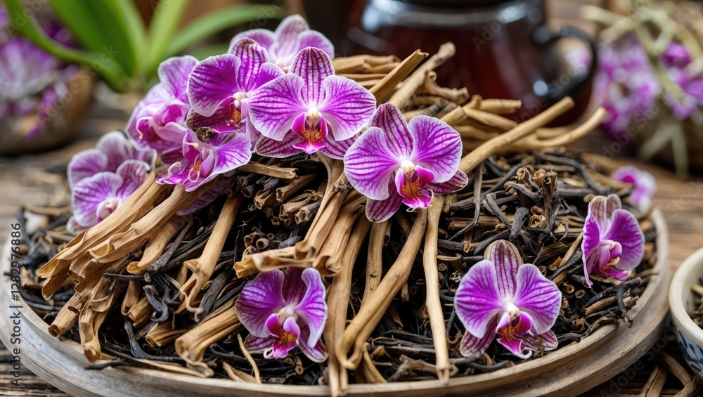 Poster purple orchids arranged on a rustic wooden platter with dry twigs and an out-of-focus teapot in the 