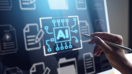 AI generation creates abstract documents on the electronic circuit board,Digital Folder Icon on Circuit Board