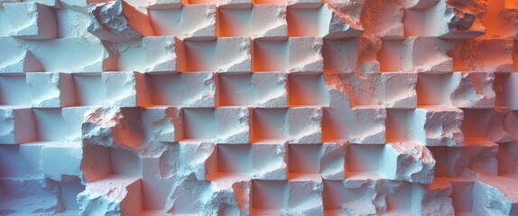 Fototapeta premium Textured geometric wall background with three-dimensional blocks in gradient lighting shades of blue and orange