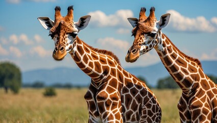 Obraz premium Two giraffes in a grassy field with blue sky and clouds in the background, showcasing their distinct fur patterns and long necks.