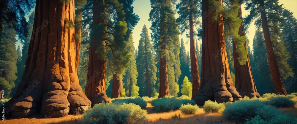 Poster sequoia trees in a lush green forest with sunlight filtering through the branches creating a vibrant