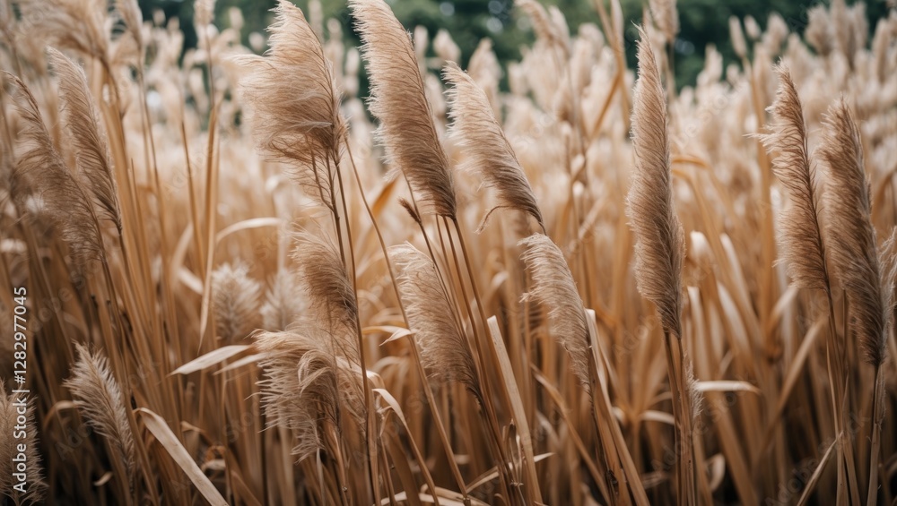 Poster tall golden grass swaying in soft breeze with blurred background in natural setting during daytime.