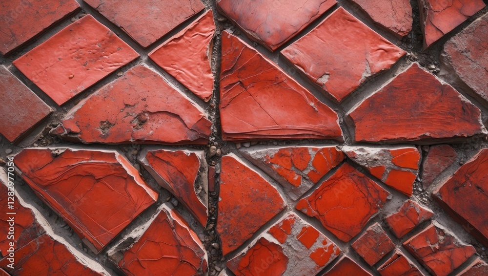 Poster red broken tiles texture background with cracked pattern and rough surface