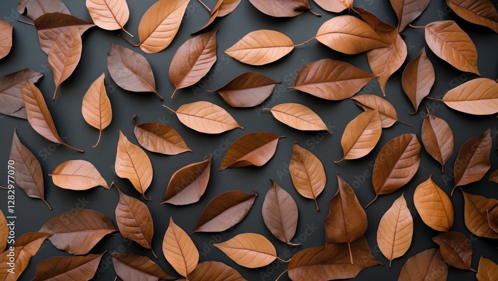 Poster brown leaves arranged on a dark background creating a textured nature pattern suitable for organic d