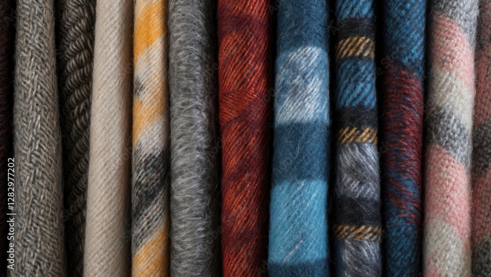 Poster textured fabric swatches in various patterns and colors arranged in a row showcasing a variety of te