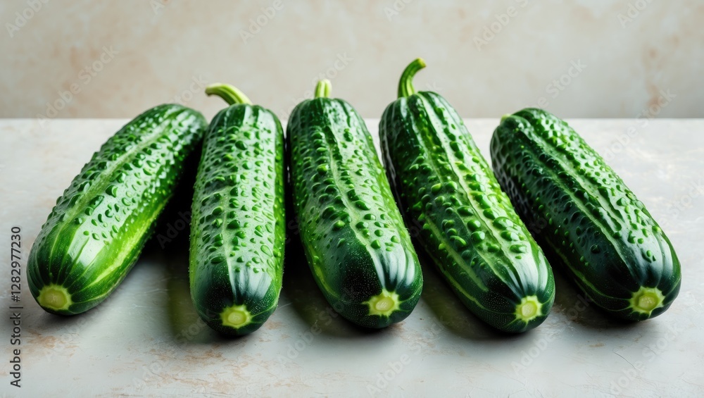 Poster fresh green cucumbers arranged in a row on a textured surface with a light background showcasing the