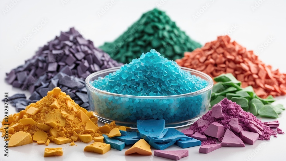 Poster colored granules and chips of various shapes arranged in piles with a central glass bowl containing 