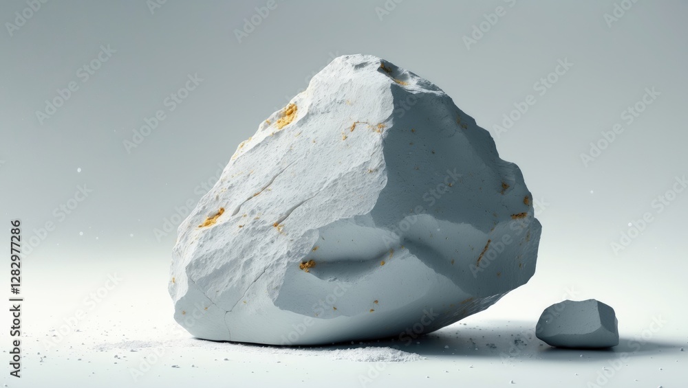 Poster large rough white rock with golden flecks on a light background with smaller rock fragment nearby an