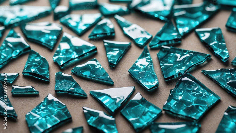 Poster fragments of reflective turquoise glass scattered on a light background creating a textured abstract