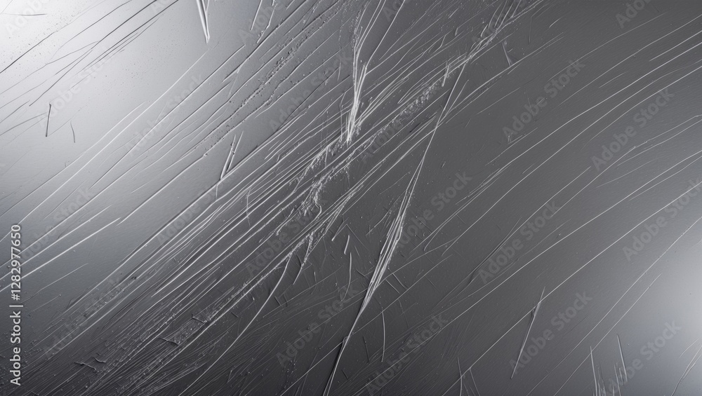 Poster scratched metallic surface with linear texture patterns and reflections in monochrome shades of gray