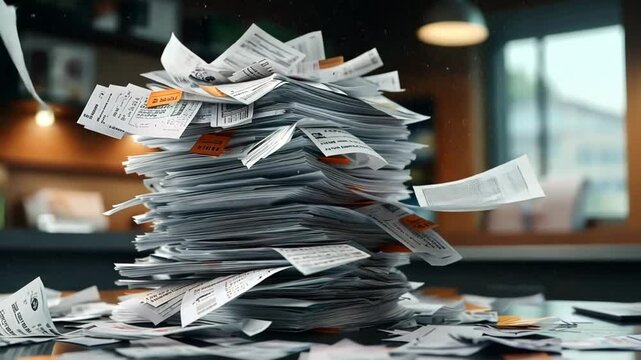 Massive pile of receipts and paperwork cluttering a desk in a modern office space during daytime hours