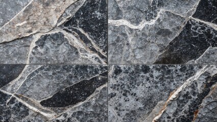 Black and grey textured marble tiles with white veining arranged in a grid pattern for interior design backgrounds