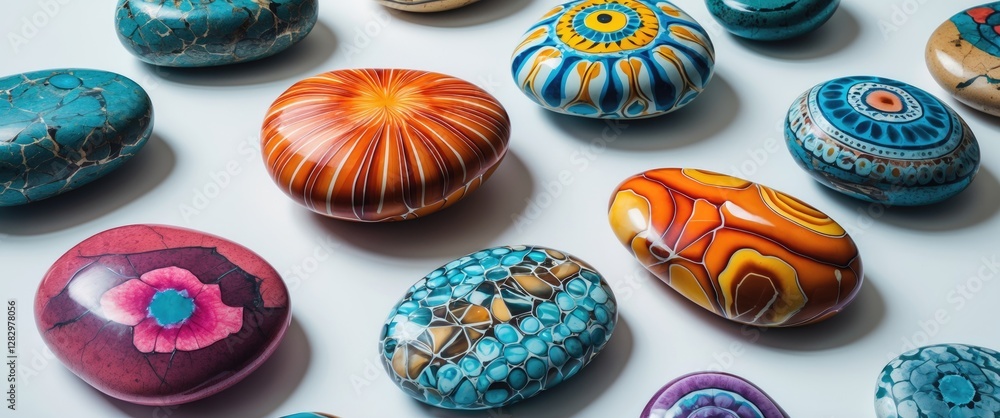 Aufkleber colorful decorative stones with intricate patterns arranged on a white surface displaying various te