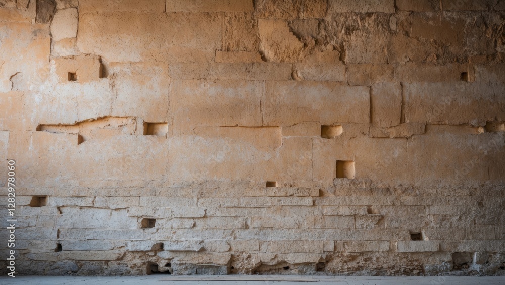 Poster textured weathered stone wall with uneven surface and small rectangular openings in warm earth tones