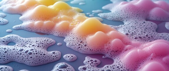 Colorful soap bubbles on a smooth surface with a gradient background creating a vibrant abstract pattern.
