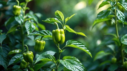 Obraz premium Green bell pepper plants with leaves in a lush garden setting, showcasing unripe peppers on the branches.