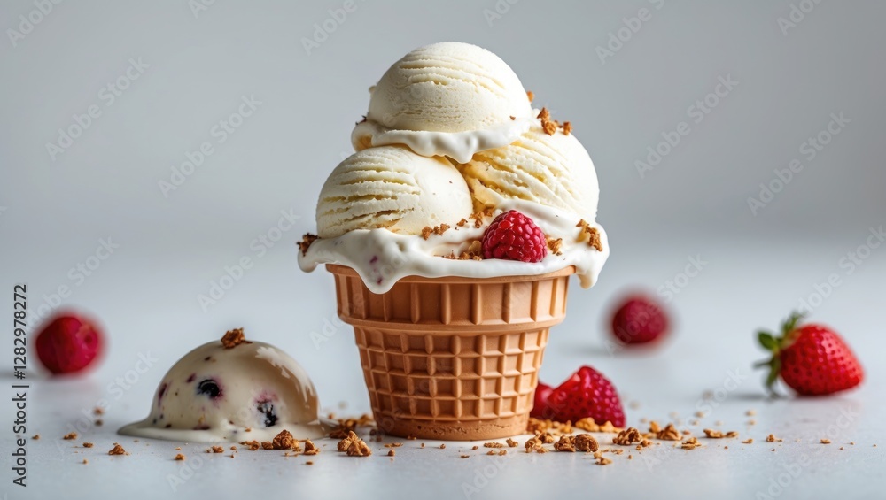 Poster ice cream cone with three scoops of vanilla ice cream garnished with strawberries and crushed nuts o