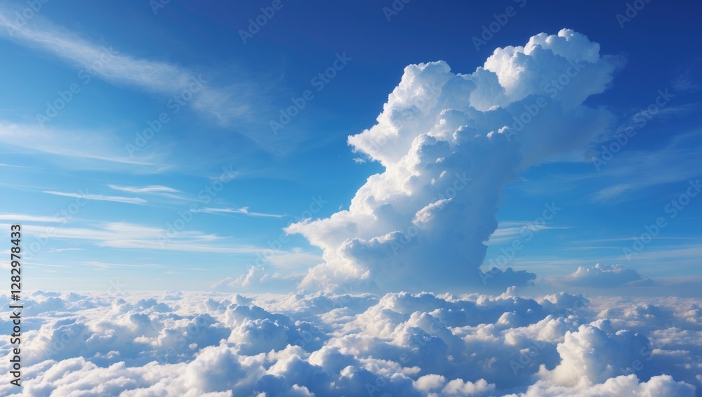 Poster vast blue sky with fluffy white clouds formations creating distinct shapes and textures in a clear a