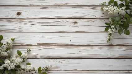 Fototapeta premium White wooden background with green foliage and white flowers at corners, suitable for floral themes and rustic decor.