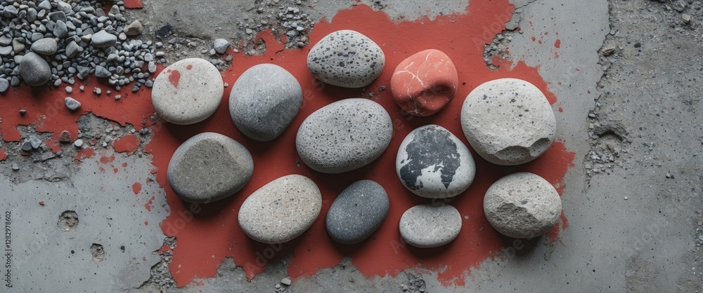 Poster arrangement of various shaped stones on a red and grey textured surface with scattered small pebbles