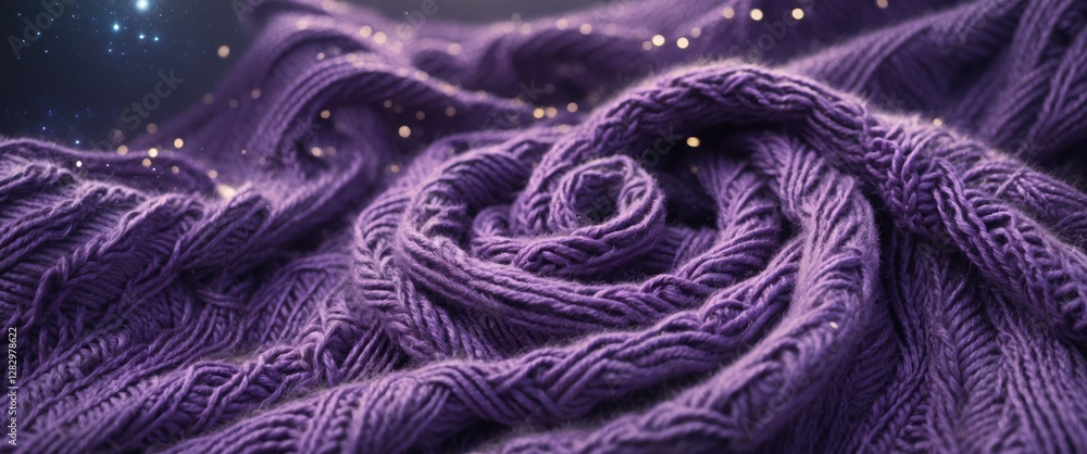 Poster close-up of textured purple knitted fabric with swirling pattern and soft bokeh lights in a blurred 