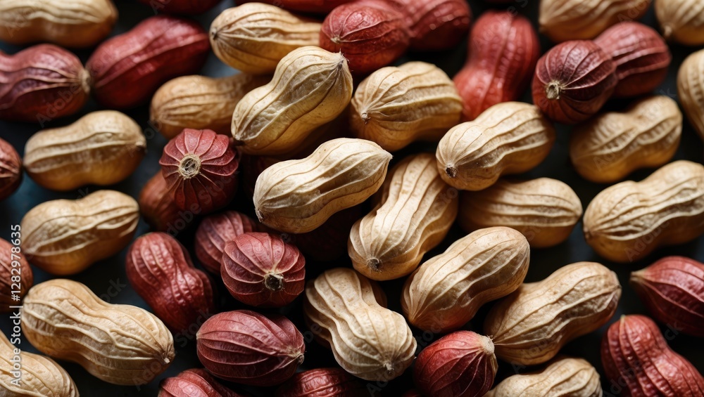 Poster various types of peanuts in their shells arranged in a flat composition showcasing different colors 