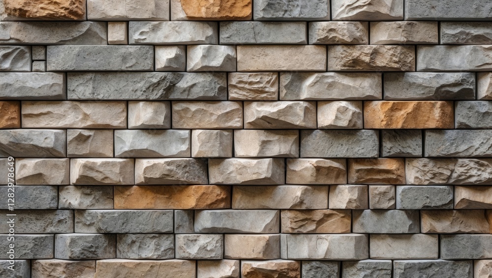 Poster textured stone wall composed of variously shaped gray and beige blocks arranged in a structured patt