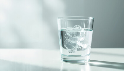 Glass of water with ice cubes, refreshing mood, minimalistic style, bright background, copy space